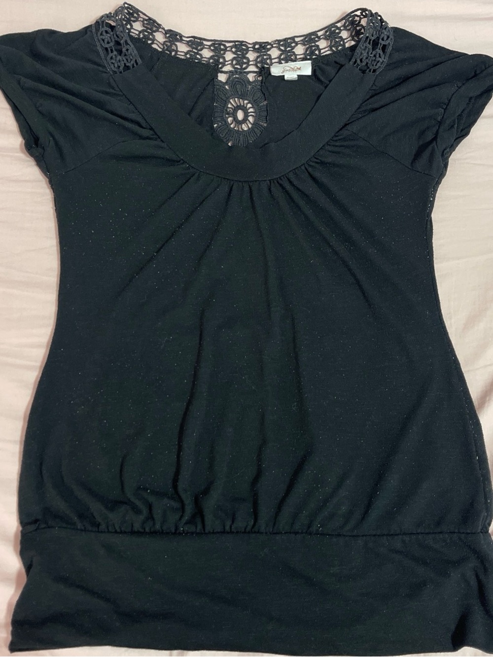 Black Crochet-Yoke Short Sleeve Top - [Brand Unlabeled]